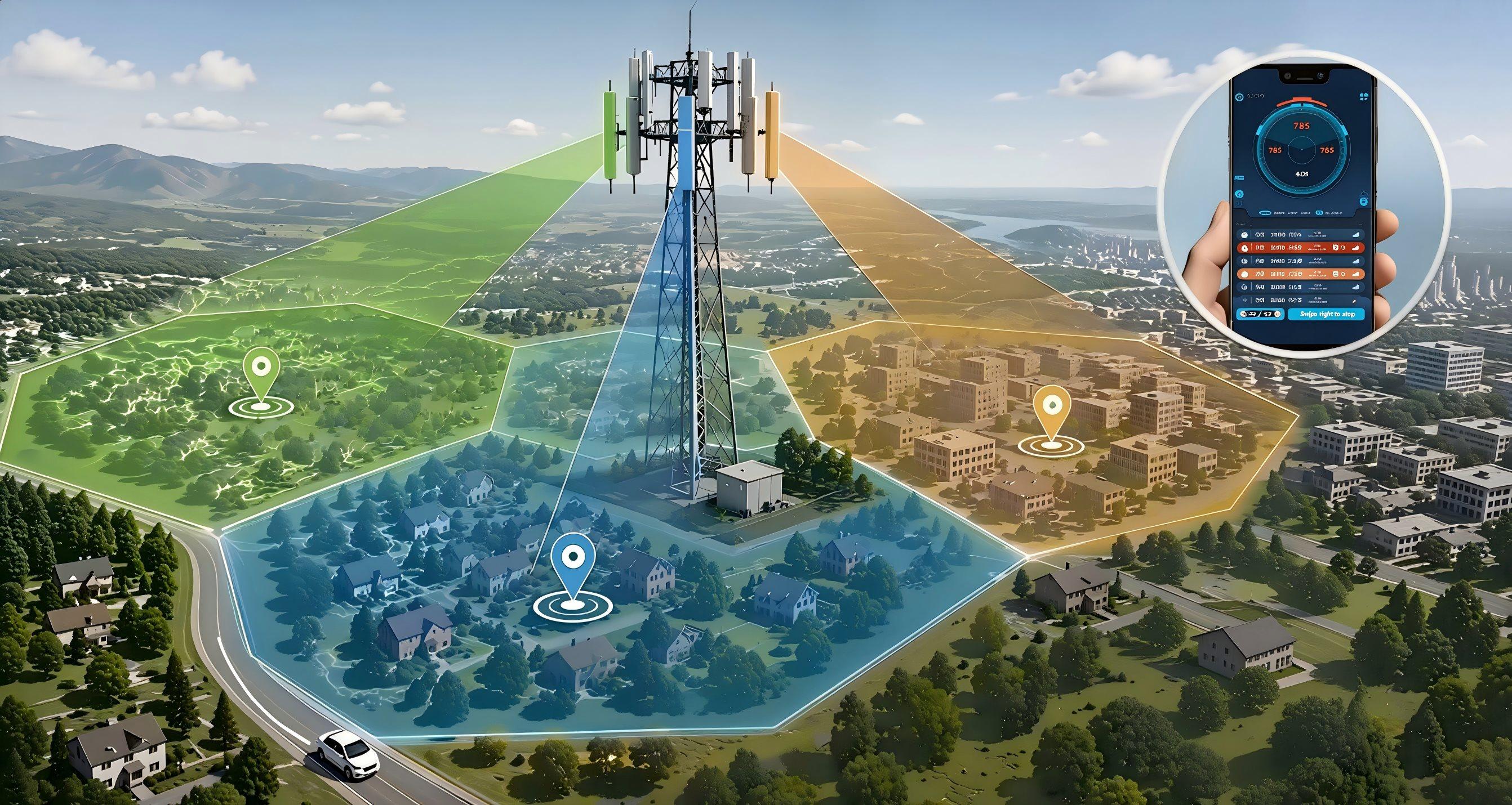 Active Cellular Direction Finder workflow diagram showing virtual neighbour‑cell emulation, vehicle & man‑pack deployment, target‑phone attachment and non‑target release logic.